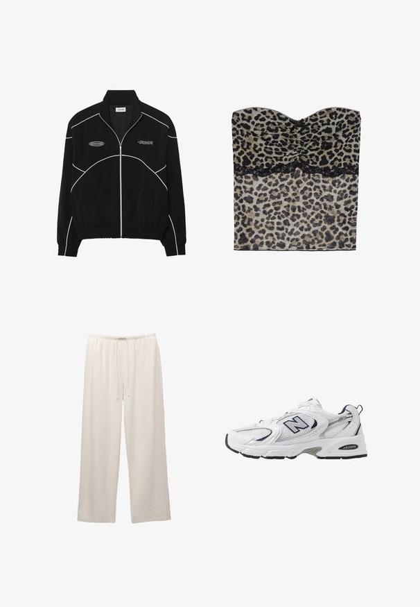 Zwarte zip-up jas met witte contrasterende stiksels, een hoge kraag, elastische manchetten en een gestructureerde binnenkant. Bevat een logo op de borst.; Lepelprint strapless top met gerimpelde textuur, zwarte kantafwerking langs de onderkant, gemaakt van lichtgewicht stof.; Lichtgekleurde, wijdvallende broeken gemaakt van zachte stof met een elastische tailleband en verstelbaar trekkoord voor comfort.; Witte sport schoen met mesh bovenkant, marineblauwe accenten en een gehoorzaamde zool. Bevat het "N" logo, veters en een gestructureerde detail aan de zijkant.