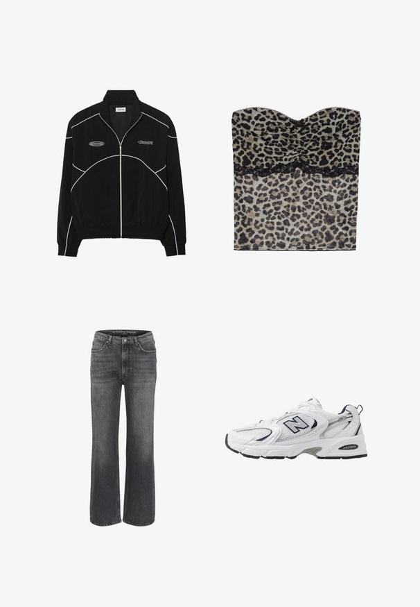 Melna jaku ar rāvējslēdzēju un baltām kontrastējošām šuvēm, augstu apkakli, elastīgām piedurknēm un teksturētu iekšpusi. Uz krūšu ir logo.; Lauku leopardu raksta bez piedurknēm augšdaļa ar rupju faktūru, melna mežģīņu apdare apakšā, izgatavota no viegla auduma.; Plati gaiši pelēkas džinsi, kas izgatavoti no tumša denima, ar klasisku piecu kabatu dizainu, šuvju detalizāciju un pogu aizdari jostasvietā.; Baltas sporta apavs ar sietveida augšpusi, jūras zilām akcentiem un mīkstu zoli. Iezīmē "N" logo, šņores un teksturētu detaļu sānos.