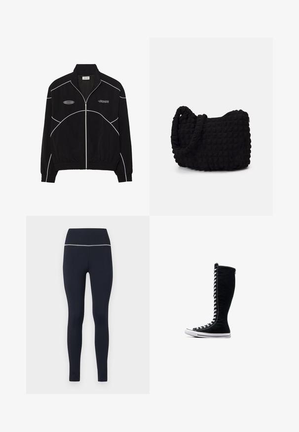 Chaqueta negra de cremallera con costuras en contraste blancas, un cuello alto, puños elasticados y un interior texturizado. Presenta un logo en el pecho.; Top sin mangas con estampado de leopardo y textura fruncida, con un borde de encaje negro en la parte inferior, confeccionado en tejido ligero.; Leggings ajustados de color marino hechos de una tela elástica, con una cinturilla ancha que incluye un ribete reflectante en la parte superior para mayor visibilidad.; Zapatillas altas negras de lona con un diseño alto. Cuentan con cordones y costuras blancas, y una suela de goma con una puntera.; Bolsa de tela negra con un patrón texturizado y acolchado. Forma redondeada, asas cortas y gruesas, y una estructura blanda y flexible.