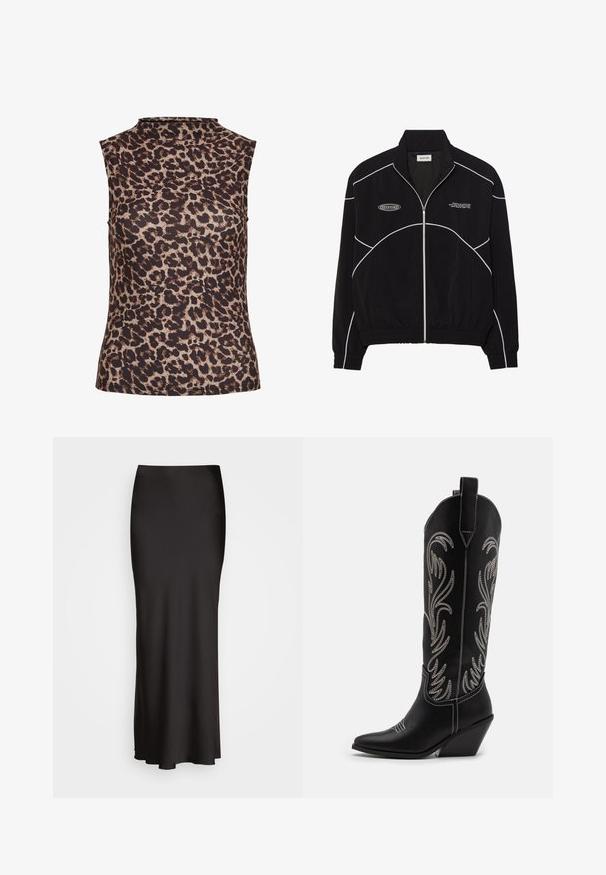 Zwarte zip-up jas met witte contrasterende stiksels, een hoge kraag, elastische manchetten en een gestructureerde binnenkant. Bevat een logo op de borst.; Mouwloos topje in luipaardprint, met een hoge hals. Gemaakt van een gladde, rekbare stof met een bruin en beige kleurenschema.; Zwarte, vloerlange satijnen rok met een gladde textuur, een aansluitende tailleband en een A-lijn silhouet, zonder zichtbare versieringen of patronen.; Zwarte leren cowboylaarzen met spitse neuzen, wiggenhakken en zilver geborduurde bloemmotieven langs de schacht. Contrasterende stiksels overal.