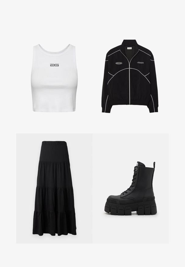Fekete zipzáros dzseki fehér kontrasztvarrással, magas gallérral, elasztikus mandzsettákkal és strukturált belső résszel. Az elején logó található.; Fehér, rövidített, bordázott pamut trikó. Kerek nyakkivágással és hímzett fekete logóval a mellkason. Egyszerű, testhezálló design.; Fekete maxisziget puha anyagból, réteges kialakítással, rugalmas derékpánttal és fodros díszítéssel az alján.; Buffalo GOSPHER LACE UP MID - Fűzős bokacsizmák - black