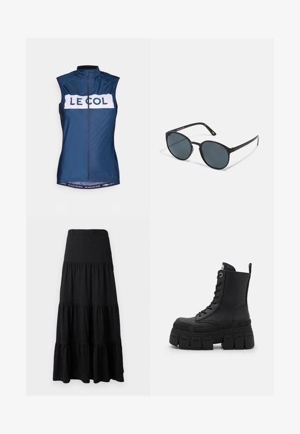Jaqueta preta com fecho zip, costuras brancas em contraste, gola alta, punhos elásticos e interior texturizado. Apresenta um logótipo no peito.; Colete de ciclismo sem mangas em azul-marinho, apresentando uma faixa branca com a marca "LE COL". Feito de material leve com um fecho de correr frontal completo.; Saia maxi preta feita de tecido suave, apresentando um design em camadas com uma cintura elástica e detalhes em renda na barra.; Buffalo GOSPHER LACE UP MID - Botins de atacadores - black; Óculos de sol redondos negros com lentes escuras, feitos de plástico. Hastas esguias com marcação ao lado, apresentando uma textura suave e acentos subtis.