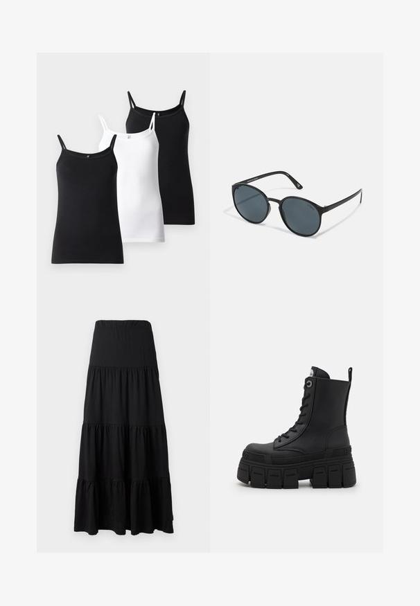 Veste noire zippée avec des coutures blanches contrastantes, un col montant, des poignets élastiques et un intérieur texturé. Présente un logo sur la poitrine.; Trois débardeurs : un noir, un blanc, tous deux avec des bretelles fines et une coupe ajustée, fabriqués en coton doux et extensible.; Jupe maxi noire en tissu doux, avec un design à étages, une taille élastique et des accents volants à l'ourlet.; Buffalo GOSPHER LACE UP MID - Bottines à lacets - black; Lunettes de soleil rondes noires avec des verres foncés, en plastique. Branches fines avec une marque sur le côté, présentant une texture lisse et des accents subtils.