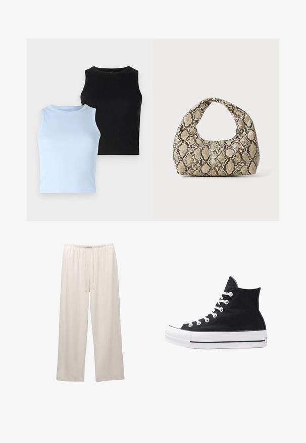 Jachetă neagră cu fermoar și cusături albe contrastante, guler înalt, manșete elasticizate și interior texturat. Prezintă un logo pe piept.; Două bluze fără mâneci: una albastră deschisă, cealaltă neagră. Ambele sunt dintr-un material cu textură ribbed și au decolteu rotund. Designul este ajustat, fără modele sau accente vizibile.; Pantaloni cu croi larg, de culoare deschisă, confecționați dintr-un material moale, cu talie elastică și șnur reglabil pentru confort.; Tenisi negri înalți din pânză, cu ochiuri și sireturi albe, precum și talpă din cauciuc. Dispune de un capac texturat pentru degetul mare și accente în dungi alb-negru.; Geantă cu imprimeu de șarpe, având un mâner curbat. Fabricată din materiale texturate, bej și maronii, cu un model distinctiv în formă de diamant.