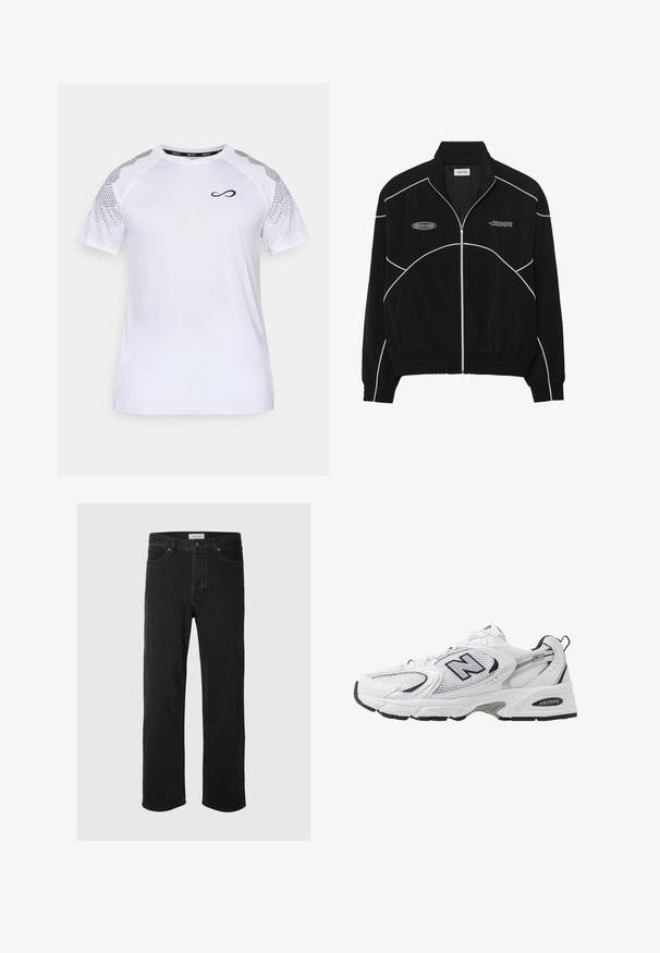 Svart hettejakke med hvit kontrastsøm, høyt krage, elastiske mansjetter og teksturert interiør. Har en logo på brystet.; Endless FEISTY HEXAGON - T-shirts med print - white; Svarte denimjeans med rett ben har et klassisk fem-lommers design, knappestengning, minimal søm og en myk tekstur.; Hvit sportsko med mesh-overdel, marineblå accenter og polstret såle. Har "N"-logo, lisser og teksturert detalj på siden.