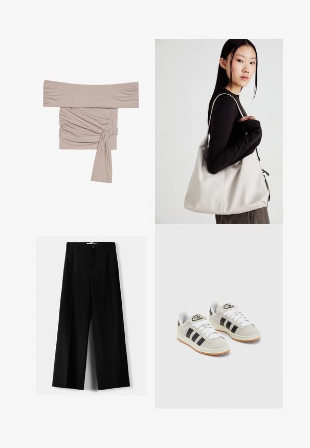 Crna jakna na patent s bijelim kontrastnim šavovima, visokim ovratnikom, elastičnim manžetama i teksturiranom unutrašnjošću. Sadrži logotip na prsima.; Bež bluzica s jednim ramenom izrađena od mekane tkanine, s naglašenim detaljima na bočnim stranama i čvorastim naglaskom u struku. Glatka tekstura i udoban kroj.; Crne široke hlače izrađene od lagane tkanine, s prednjim zatvaranjem na dugme i ravnim prednjim dijelom, sa uredno šivenim rubovima.; Sive suede tenisice s bijelim vezicama, crnim prugama i bijelim gumiranim potplatom. Imaju kružni logo na jeziku i gumeni potplat.; Bežna torba od mekog materijala s opuštenim dizajnom, šivanim detaljima i dva remena za rame. Pogodna za svakodnevnu upotrebu.