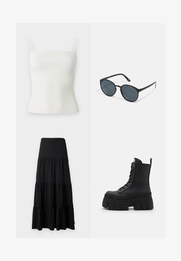 Black zip-up jacket with white contrast stitching, a high collar, elasticized cuffs, and a textured interior. Features a logo on the chest.; White ribbed tank top with thin straps, featuring a fitted design and soft texture. The material is stretchy and smooth, enhancing comfort.; Black maxi skirt made of soft fabric, featuring a tiered design with an elastic waistband and ruffled accents at the hem.; Buffalo GOSPHER LACE UP MID - Lace-up ankle boots - black; Round black sunglasses with dark lenses, made of plastic. Slim temples with branding on the side, featuring a smooth texture and subtle accents.