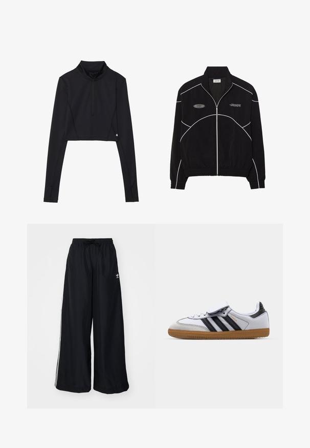 Giacca nera con zip e cuciture bianche a contrasto, colletto alto, polsini elasticizzati e interno texture. Presenta un logo sul petto.; Top nero corto a maniche lunghe con collo alto e cerniera a un quarto, con cuciture flatlock e dettaglio logo vicino all'orlo.; Pantaloni neri a gamba larga realizzati in tessuto leggero. Presentano una vita elastica con cordoncino e strisce bianche sui lati. Logo del marchio sull'anca.; Sneaker bianco in pelle con strisce nere e accenti grigi, dotato di punta rotonda e suola in gomma naturale. Chiusura con velcro e lacci.