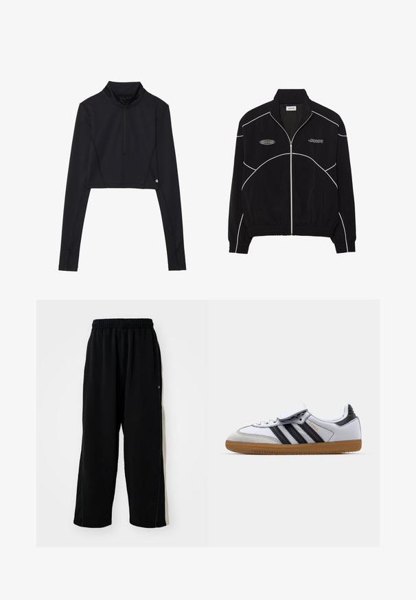 Melna jaku ar rāvējslēdzēju un baltām kontrastējošām šuvēm, augstu apkakli, elastīgām piedurknēm un teksturētu iekšpusi. Uz krūšu ir logo.; Melns cropped garu piedurkņu tops ar augstu apkakli un ceturtdaļas rāvējslēdzēju, ar flatlock šuvēm un logotipa akcents pie apakšmalas.; Melnas sporta bikses ar elastīgu jostu, sānu sloksnes gaiši pelēkā krāsā un smalks zils šuvju detaļas gar šuvēm. Mīksta auduma tekstūra.; Baltā ādas kedu ar melnām svītrām un pelēkiem akcentiem, ar noapaļotu purngalu un gumijas zoli. Ar velcro siksnu un auklu aizdari.