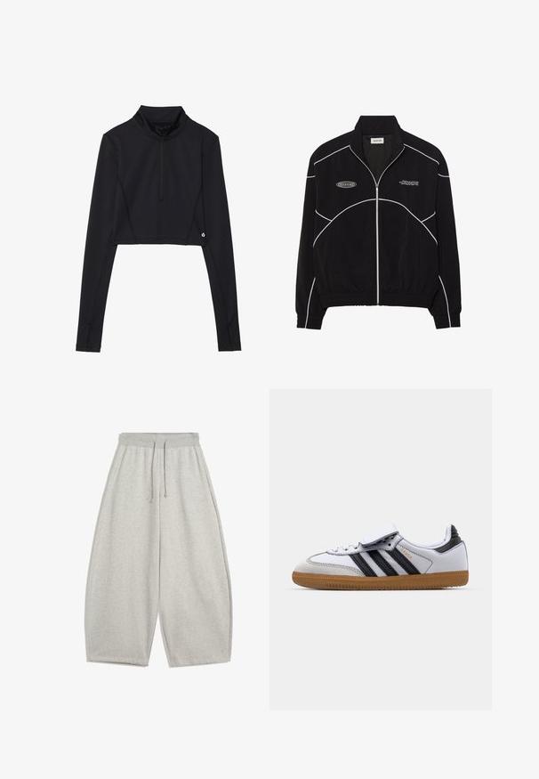 Czarna kurtka zapinana na zamek z białymi kontrastowymi szwami, wysokim kołnierzem, elastycznymi mankietami oraz teksturowanym wnętrzem. Posiada logo na klatce piersiowej.; Czarny krótki top z długim rękawem, wysokim kołnierzem i ćwierćzamkiem, z płaskimi szwami i akcentem logo w pobliżu brzegu.; Jasnoszare szerokie spodnie dresowe z elastycznym pasem i sznurkiem, z bocznymi kieszeniami i luźnym krojem.; Białe skórzane sneakersy z czarnymi paskami i szarymi akcentami, z zaokrąglonym czubkiem i gumową podeszwą. Zapięcie na rzep oraz sznurowanie.