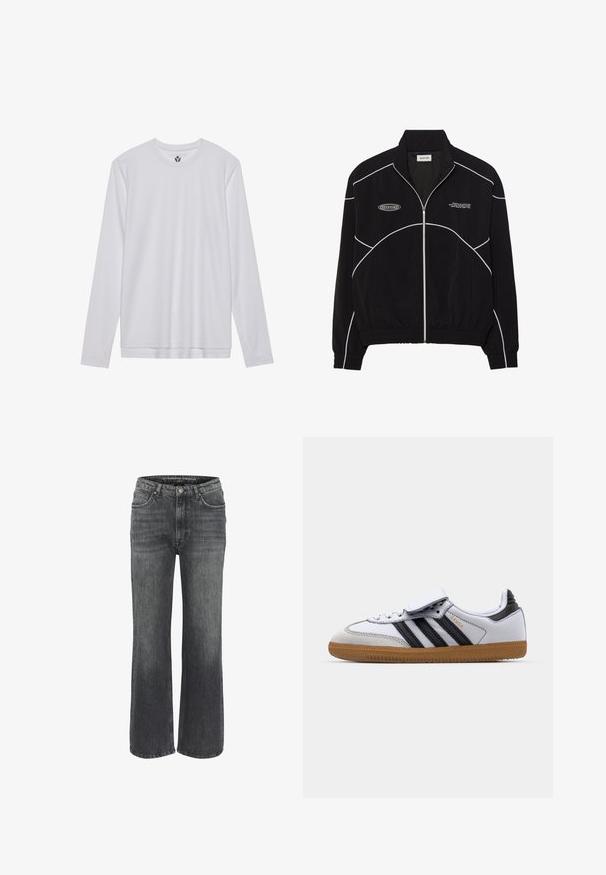 Sort zip-jakke med hvid kontrastsyning, højt krave, elastiske manchetter og en tekstureret inderside. Har et logo på brystet.; Langærmet hvid skjorte lavet af glat stof, med en rund halsudskæring og lige snit. Ingen mønstre eller accenter synlige.; Bredde ben jeans i mørkegrå denim med et klassisk femlomme-design, stikninger og en knaplukning i taljen.; Hvide lædersneakers med sorte striber og grå detaljer, der har en rund tå og en sål i gummi. Velcro-lukning og snørelukning.