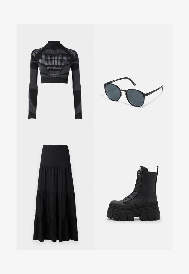 Black zip-up jacket with white contrast stitching, a high collar, elasticized cuffs, and a textured interior. Features a logo on the chest.; Black cropped athletic top with long sleeves, high collar, half-zipper, textured panels, and contrasting gray lines and accents.; Black maxi skirt made of soft fabric, featuring a tiered design with an elastic waistband and ruffled accents at the hem.; Buffalo GOSPHER LACE UP MID - Lace-up ankle boots - black; Round black sunglasses with dark lenses, made of plastic. Slim temples with branding on the side, featuring a smooth texture and subtle accents.