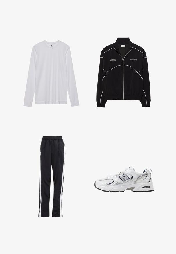 Melna jaku ar rāvējslēdzēju un baltām kontrastējošām šuvēm, augstu apkakli, elastīgām piedurknēm un teksturētu iekšpusi. Uz krūšu ir logo.; Balta garām piedurknēm T-krekls no viegla auduma ar apaļu kakla izgriezumu, taisnu malu un smalku teksturētu rakstu. Mīksta apdare.; Melnas sporta bikses ar baltām sānu svītrām, elastīgu jostu un logotipa uzšuvumu. Izgatavotas no gludas, vieglas auduma. Taisnas kāju dizains.; Baltas sporta apavs ar sietveida augšpusi, jūras zilām akcentiem un mīkstu zoli. Iezīmē "N" logo, šņores un teksturētu detaļu sānos.