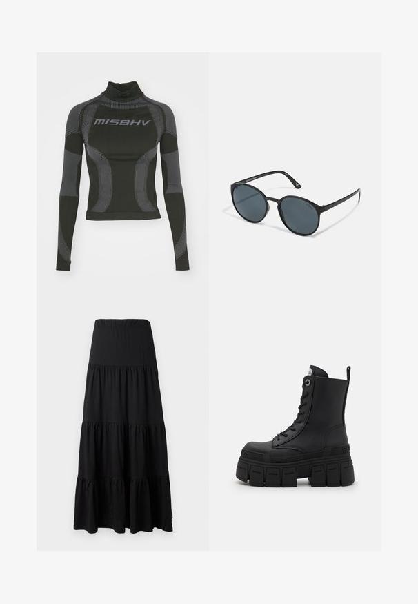 Čierna zipsová bunda s bielo kontrastným šitím, vysokým golierom, elastickými manžetami a textúrovaným interiérom. Obsahuje logo na hrudi.; Čierne dlhé rukávy výkonnostného trička so zvýšeným golierom, elastickým materiálom a kontrastnými šedými pruhmi. Na prednej strane je umiestnené logo "MISBHV".; Čierna maxi sukňa vyrobená z jemnej látky, s vrstveným dizajnom, elastickým pásom a volánmi na leme.; Buffalo GOSPHER LACE UP MID - Členkové šnurovacie čižmy - black; Hranaté čierne slnečné okuliare s tmavými šošovkami, vyrobené z plastu. Úzke ramienka so značkovaním na boku, s hladkým povrchom a jemnými akcentmi.