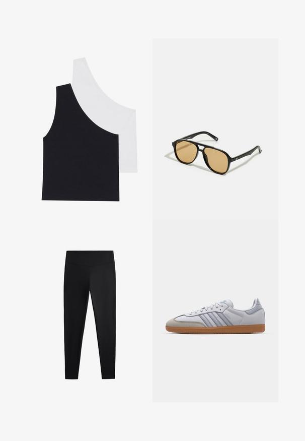 Zwarte zip-up jas met witte contrasterende stiksels, een hoge kraag, elastische manchetten en een gestructureerde binnenkant. Bevat een logo op de borst.; Zwart-witte geribde tanktops met een asymmetrische halslijn; zachte katoenmix stof; aansluitend ontwerp; geen zichtbare hardware of patronen.; Zwarte leggings van gladde, rekbare stof. Voorzien van een brede tailleband en een taps toelopend pootdesign, geschikt voor actieve of casual kleding.; Witte leren sneakers met lichtblauwe accenten, grijs suède neus en een bruine rubberen zool. Voorzien van drie blauwe strepen en "Samba"-branding.; Zwarte zonnebril met bruin getinte lenzen; rechthoekige vorm met een dikke rand, inclusief subtiele hardware accenten op de veertjes.