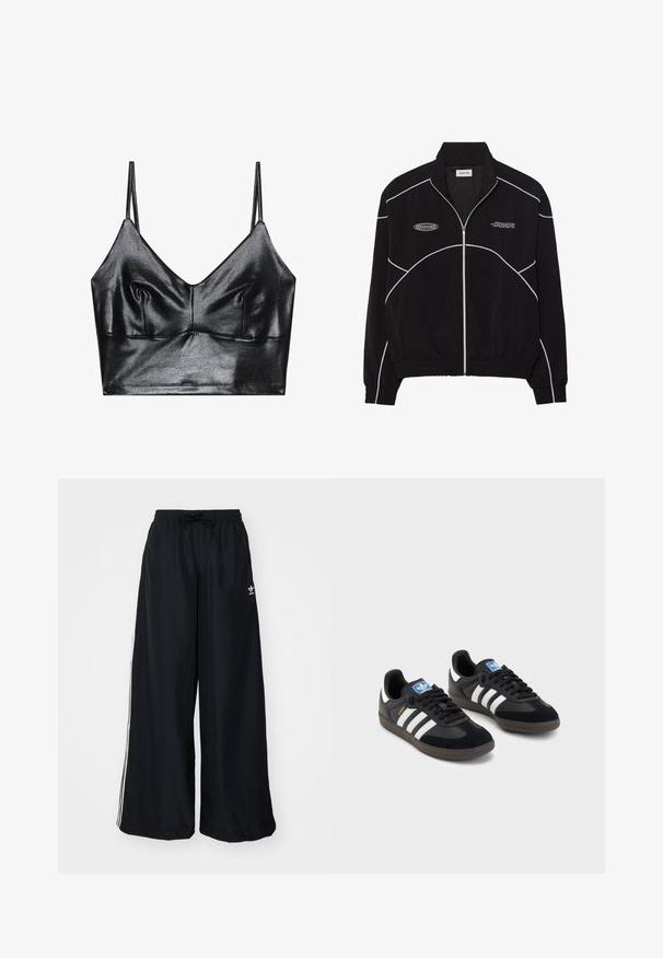 Schwarze Zip-Jacke mit weißen Kontrastnähten, hoher Kragen, elastischen Bündchen und strukturiertem Innenfutter. Verfügt über ein Logo auf der Brust.; Schwarzer, glänzender Bralette mit dünnen verstellbaren Trägern, V-Ausschnitt, glatter Textur und dezentem Gather an der Brust für eine schöne Form.; Schwarze weite Hosen aus leichtem Material. Mit elastischem Bund und Kordelzug sowie weißen Seitenstreifen. Markenlogo auf der Hüfte.; Schwarze Sneaker mit einem Obermaterial aus Wildleder und Synthetik, ausgestattet mit drei weißen Streifen, einer strukturierten Gummi-Sohle und einem blauen Logo-Tag auf der Zunge.