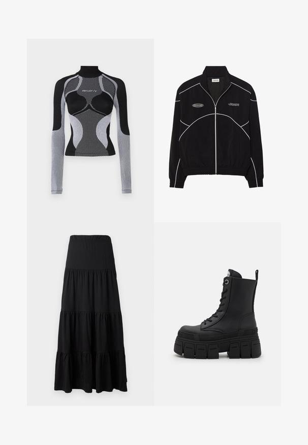 Svart hettejakke med hvit kontrastsøm, høyt krage, elastiske mansjetter og teksturert interiør. Har en logo på brystet.; Langermet treningsgenser med en tettsittende design, svart og grå paneler, strukturert stoff og høy krage. Meshdetaljer gjennom hele plagget.; Sorte maxiskjørt laget av mykt stoff, med et lagdelt design, elastisk midjebånd og volanger ved kanten.; Buffalo GOSPHER LACE UP MID - Snørestøvletter - black