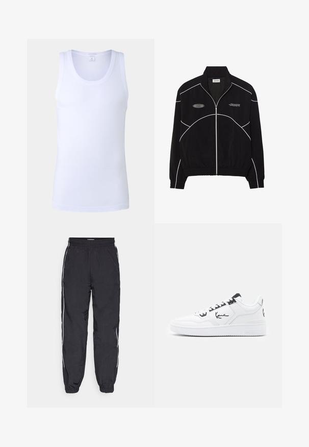 Svart zip-up jacka med vit kontrastsöm, hög krage, elastiska ärmslut och en strukturerad insida. Har en logotyp på bröstet.; Vit bomullstanktop med rund halsringning och ärmlös design. Slät textur med minimal sömnad och inga synliga mönster eller detaljer.; Svarta träningsbyxor i lätt material, med ett elastiskt midjeband, avsmalnande ben och vita sidostråk.; Vita lädersneaker med svarta accenter, som har en signaturlogotyp på sidan, rund tå och texturerad gummisula.