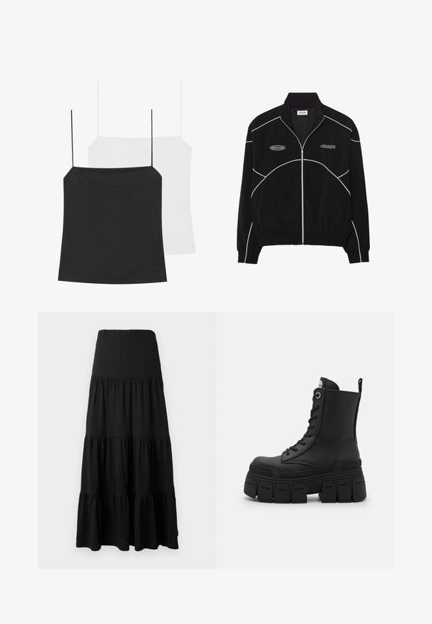 Giacca nera con zip e cuciture bianche a contrasto, colletto alto, polsini elasticizzati e interno texture. Presenta un logo sul petto.; Sono mostrati due top in stile canotta: uno nero e uno bianco. Entrambi hanno spalline sottili e un design aderente realizzato in un tessuto liscio e elastico.; Gonna maxi nera realizzata in tessuto morbido, caratterizzata da un design a strati con una vita elastica e dettagli arricciati all'orlo.; Buffalo GOSPHER LACE UP MID - Stivaletti stringati - black