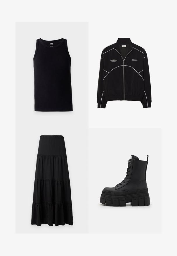 Svart zip-up jacka med vit kontrastsöm, hög krage, elastiska ärmslut och en strukturerad insida. Har en logotyp på bröstet.; Svart ribbad linne med rund halsringning och ärmlös design. Tillverkad av en mjuk bomullsmix, med en etikett i mitten av ryggen.; Svart maxikjol i mjukt tyg, med en lagerdesign, elastisk midja och volangdetaljer vid nederkanten.; Buffalo GOSPHER LACE UP MID - Snörstövletter - black