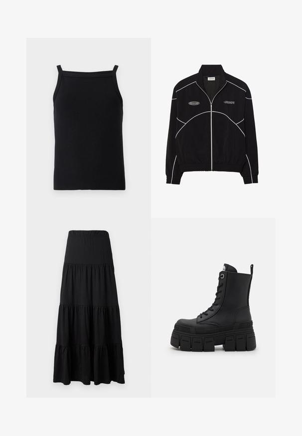 Fekete zipzáros dzseki fehér kontrasztvarrással, magas gallérral, elasztikus mandzsettákkal és strukturált belső résszel. Az elején logó található.; Fekete bordázott trikó vékony pántokkal és testhezálló szabással, sima textúrával és kerek nyakkivágással.; Fekete maxisziget puha anyagból, réteges kialakítással, rugalmas derékpánttal és fodros díszítéssel az alján.; Buffalo GOSPHER LACE UP MID - Fűzős bokacsizmák - black