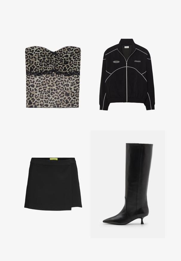 Must must riiet, millel on valged kontrastõmblused, kõrge krae, elastsed mansetid ja tekstureeritud sisemus. Rinnal on logo.; Leopardimustriga olgutopp ilma õlgadeta, kokku volditud tekstuuriga, musta pitsiga ääristatud allservas, valmistatud kergetest kangast.; Must värvi särk, mis on valmistatud siledast kangast, kõrge vöökohaga ja külje lõhikuga. Silt on nähtav kontrastsetes erk-kollastes toonides.; Stuart Weitzman BOOT - Saapad - black