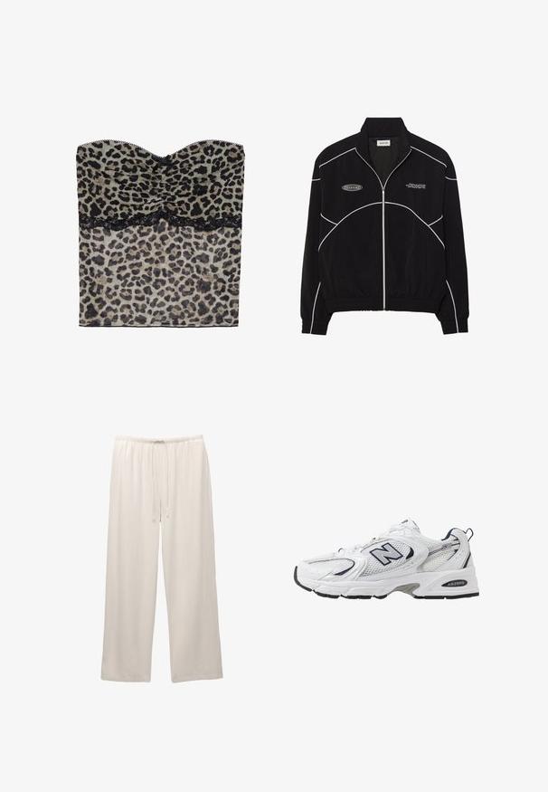 Zwarte zip-up jas met witte contrasterende stiksels, een hoge kraag, elastische manchetten en een gestructureerde binnenkant. Bevat een logo op de borst.; Lepelprint strapless top met gerimpelde textuur, zwarte kantafwerking langs de onderkant, gemaakt van lichtgewicht stof.; Lichtgekleurde, wijdvallende broeken gemaakt van zachte stof met een elastische tailleband en verstelbaar trekkoord voor comfort.; Witte sport schoen met mesh bovenkant, marineblauwe accenten en een gehoorzaamde zool. Bevat het "N" logo, veters en een gestructureerde detail aan de zijkant.