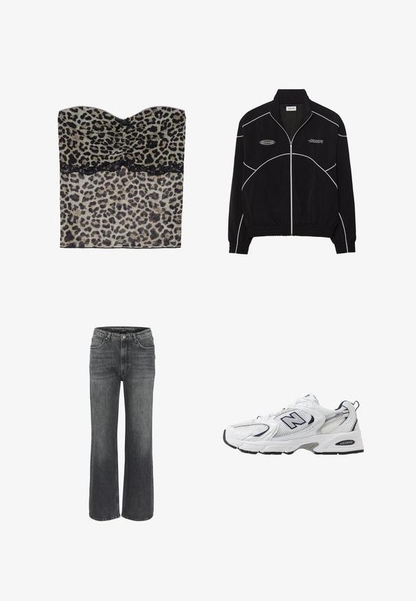 Schwarze Zip-Jacke mit weißen Kontrastnähten, hoher Kragen, elastischen Bündchen und strukturiertem Innenfutter. Verfügt über ein Logo auf der Brust.; Leopardenmuster trägerloses Oberteil mit gerafftem Design und schwarzem Spitzenbesatz am Saum, aus leichtem Material gefertigt.; Weite Jeans aus dunkelgrauem Denim mit klassischem Fünf-Taschen-Design, genähten Details und einem Knopfverschluss an der Taille.; Weißer Sportschuh mit Mesh-Obermaterial, navyblauen Akzenten und gepolsterter Sohle. Verfügt über das "N"-Logo, Schnürsenkel und eine strukturierte Detailverarbeitung an der Seite.