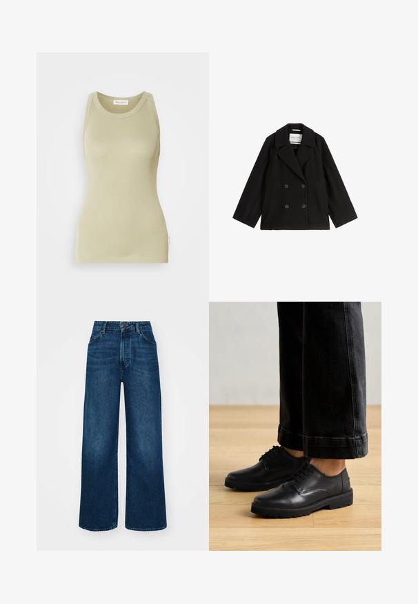 Čierny dvojradový kabát s širokými klopami a bočnými vreckami, položený na bielom pozadí.; Svetlo olivovozelený top bez rukávov vyrobený z mäkkého materiálu. Má zaoblený výstrih a čisté zakončenie.; Džíny s vysokým pásom a širokými nohavicami v tmavomodrom denime so hladkou textúrou, kontrastným prešívaním a dizajnom so piatimi vreckami. Predné zapínanie na gombík.; Čierne kožené šnurovacie topánky s hladkým povrchom, zaoblenou špičkou a hrubou gumovou podrážkou, skombinované s skrátenými tmavými džinami.