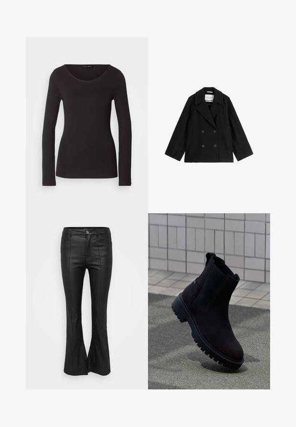 Čierny dvojradový kabát s širokými klopami a bočnými vreckami, položený na bielom pozadí.; Čierny top s dlhým rukávom vyrobený z hladkej látky s okrúhlym výstrihom a priliehavým strihom; nemá žiadne vzory ani akcenty.; Čierne rozšírené nohavice s lesklou, koženku pripomínajúcou textúrou, ktoré majú predné vrecká, zapínanie na gombík a rozparky po stranách lemovania.; Hnedé kožené členkové topánky s čiernymi elastickými bočnými panelmi a hrubou, robustnou podrážkou. Výrazné šitie okolo okrajov.