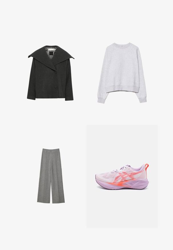 Manteau en laine charbon avec un col surdimensionné, fermeture à un seul bouton et manches trois-quarts. Intérieur doublé avec un motif géométrique.; Sweatshirt gris coupé en tissu doux et texturé. Présente des manches raglan longues et des poignets et un ourlet côtelés. Design simple et neutre.; Pantalons gris à jambe large en tissu texturé. Présente des plis sur le devant, une ceinture et aucun fermoir visible.; Des chaussures de course légères en rose pastel et lavande avec une tige en mesh respirant, des accents texturés et une semelle rembourrée pour le soutien.