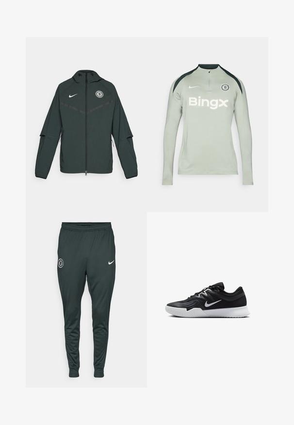 Zelena Nike jakna z zadrgo, kapuco in logotipom Chelsea FC. Ima kontrastne črne poudarke in dolge rokave. Narejena je iz lahkega materiala.; Dolgimi rokavi, svetlo siva športna majica z črnimi nastavitvami na ramenskem delu, zadrgo na ovratniku, Nike logotipom in besedilom 'Bingx' na sprednji strani. Prisutna je tudi oznaka Chelsea FC.; Temnozelene Nike trenirke z elastičnim pasom in manšetami. Imajo logo Chelsea FC na levi nogi ter bel emblem Nike swoosh.; Črne atletske čevlje z teksturirano zgornjico, belim Nike znakom in belim gumijastim zunanjim podplatom. Imajo vezalni dizajn in dinamično obliko.