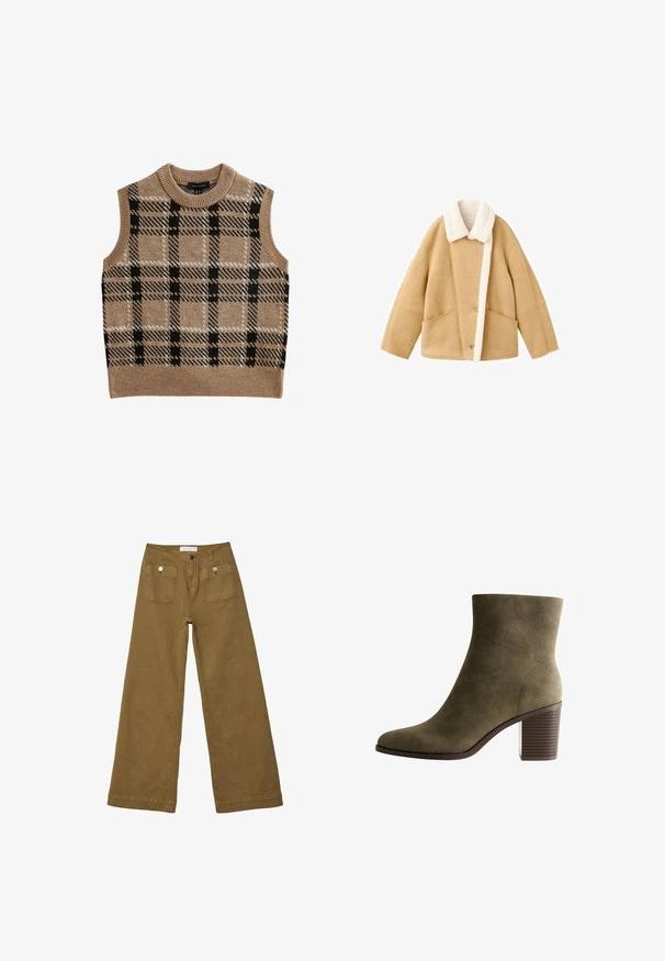 Tan shearling jacket with a white fleece collar, two large front pockets, and a button closure. Soft texture with a relaxed fit design.; Tan knitted vest with a round neck, featuring a black and white check pattern, sleeveless design, and ribbed hem detail.; Wide-leg trousers in olive green fabric, featuring a buttoned front, two front pockets, and visible stitching along the hem and edges.; Olive green suede ankle boot with a round toe, a tapered silhouette, and a stacked heel featuring horizontal grooves.