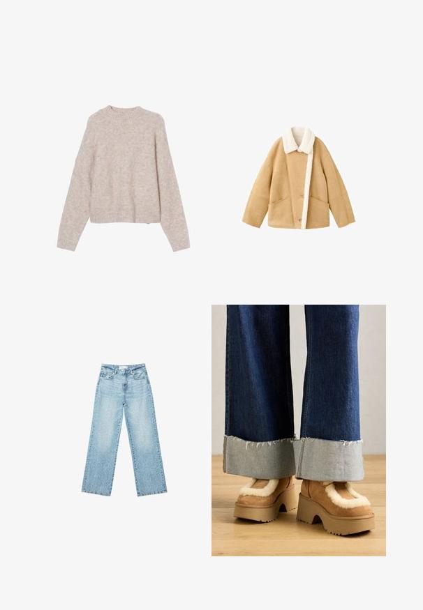 Giacca shearling color tannato con colletto in pile bianco, due grandi tasche frontali e chiusura a bottoni. Morbido al tatto con un design dalla vestibilità rilassata.; Maglione beige lavorato a maglia con scollo rotondo, spalle basse e polsini a coste. Texture morbida, lunghezza cropped e motivo minimal.; Jeans larghi in denim blu chiaro a vita alta, caratterizzati da un lavaggio sbiadito e da piccoli dettagli strappati sparsi.; Stivali platform in suede marrone con interno in pelliccia crema, abbinati a pantaloni in denim a gamba larga caratterizzati da orli sfrangiati e un risvolto in denim più chiaro.