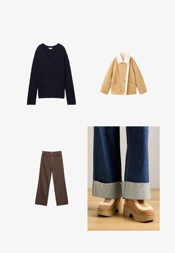 Peščena jakna iz ovčje kože s sivim krznom, dvema velikima sprednjima žepoma in gumbom za zapiranje. Mehka tekstura z sproščenim krojem.; Mornarsko moder pulover z V-izrezom, rebrasto teksturo in chevron vzorcem spredaj, širokimi rokavi in sproščenim krojem.; Široke rjave kavbojke iz denima, ki imajo visok pas, sprednje žepe in klasično zapiranje na gumb. Gladka tekstura s subtilnim šivom.; Rjave ante boote s platformo, obložene s kremastim krznom, v kombinaciji s širokimi denim hlačami z razfrkanimi robovi in lažjim denim zapenjanjem.