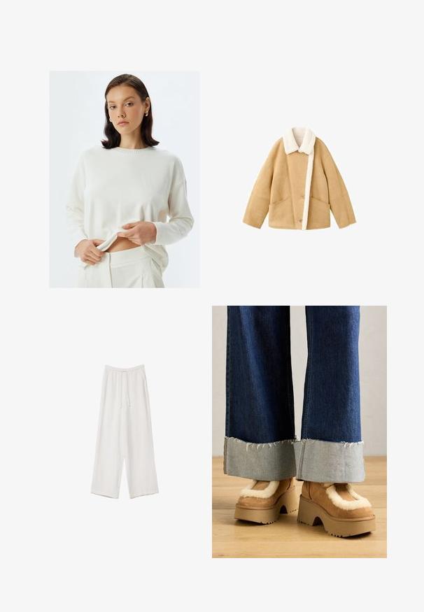 Beżowa kurtka z owczej wełny z białym kołnierzem zfutra, dwiema dużymi kieszeniami z przodu i zapięciem na guziki. Miękka tekstura i luźny krój.; Kremowy sweter dzianinowy z długimi rękawami i ribbowym dekoltem, w połączeniu z pasującymi spodniami. Tkanina wydaje się miękka i lekka.; Białe spodnie o szerokich nogawkach wykonane z lekkiego materiału. Posiadają elastyczny pas z sznurkiem i boczne kieszenie. Gładka tekstura.; Brązowe zamszowe botki na platformie z kremowym futerkiem w środku, zestawione z szerokimi dżinsowymi spodniami z postrzępionymi brzegami i jaśniejszym dżinsowym mankietem.