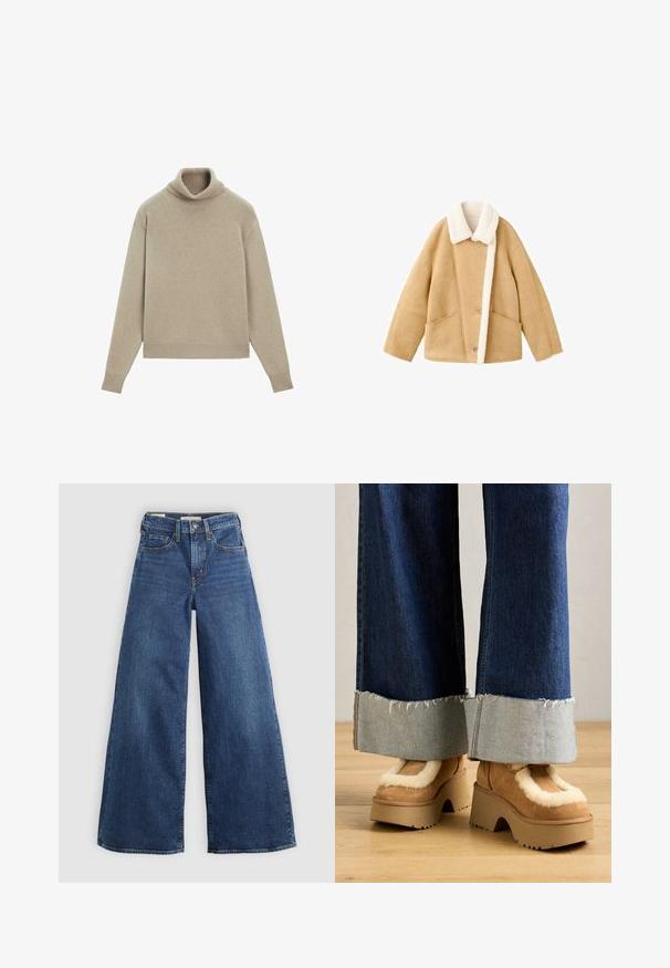 Beżowa kurtka z owczej wełny z białym kołnierzem zfutra, dwiema dużymi kieszeniami z przodu i zapięciem na guziki. Miękka tekstura i luźny krój.; Beżowy sweter z golfem, wykonany z miękkiej tkaniny, z prążkowanym kołnierzem i mankietami, luźny krój oraz długie rękawy. Gładka tekstura, minimalistyczny design.; Szerokie niebieskie dżinsy z pięcioma kieszeniami, zapięciem na guzik i kontrastowym przeszyciem, charakteryzujące się miękkim i teksturowanym wykończeniem.; Brązowe zamszowe botki na platformie z kremowym futerkiem w środku, zestawione z szerokimi dżinsowymi spodniami z postrzępionymi brzegami i jaśniejszym dżinsowym mankietem.
