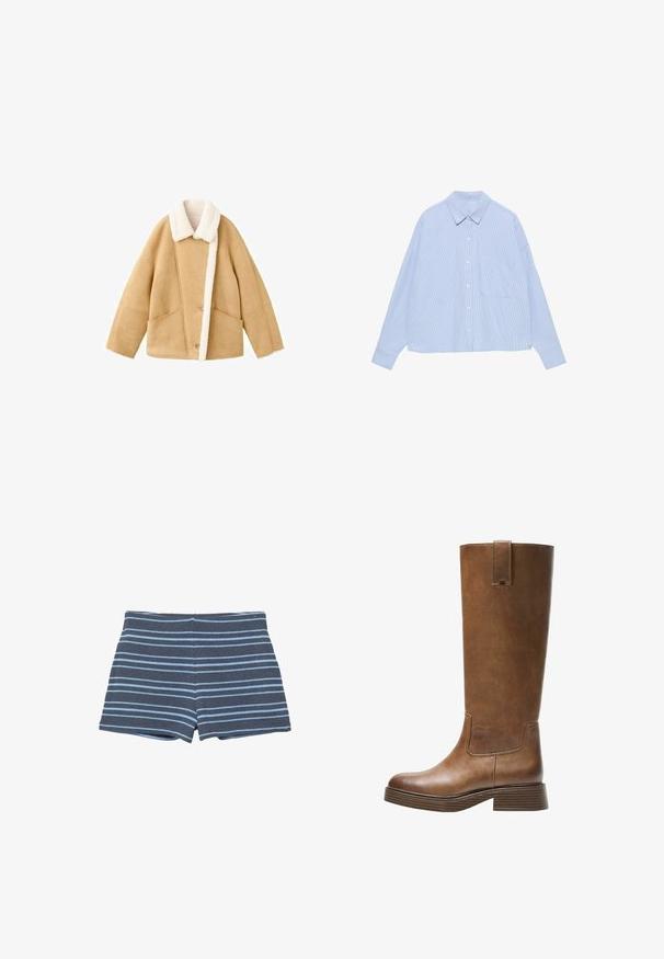 Svetlá ovčia bunda s bielym flísovým golierom, dvoma veľkými prednými vreckami a gombíkovým zapínaním. Mäkká textura s voľným strihom.; Svetlo modrá, dlhá košeľa na gombíky s károvaným vzorom, so špicatým golierom, jednou náprsné vrecko a mierne voľný strih.; Tmavomodré pletené šortky so svetlomodrými horizontálnymi pruhmi, s priliehavým pásom a dĺžkou do polovice stehna.; Hnedá kožená vysoká čižma do kolien s okrúhlou špičkou, textúrovaným povrchom a nízkym zúženým podpätkom. Obsahuje postranný panel a pútko na vrchu.