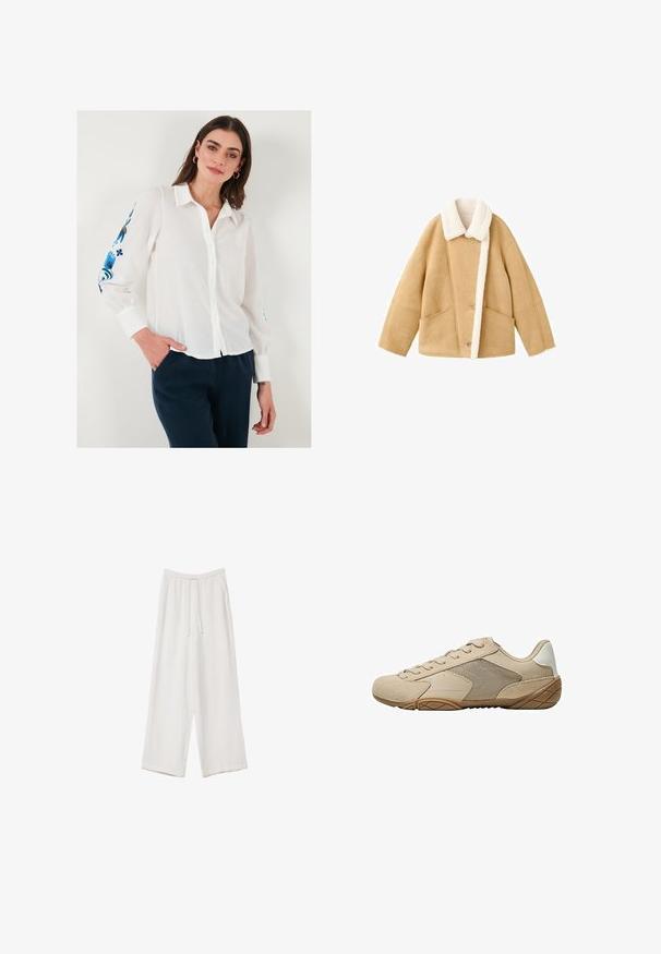Světlý ovčí kabát s bílým fleecovým límcem, dvěma velkými předními kapsami a zapínáním na knoflíky. Měkká textura s volným střihem.; Bílá lněná košile s knoflíky a límcem, na rukávech zdobená modrým květinovým výšivkem, kombinovaná s tmavě modrými kalhotami.; Bílé široké kalhoty vyrobené z lehké tkaniny. Mají elastický pas se šňůrkou a boční kapsy. Hladká textura.; Béžová sportovní obuv s svrchní částí z semiše a síťoviny, strukturovanou gumovou podrážkou a plochými tkaničkami. Hladké akcenty na patě s kulatým designem špičky.