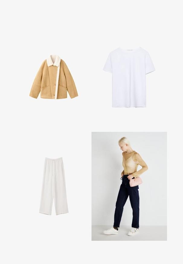 Beige Schaffelljacke mit einem weißen Fleece-Kragen, zwei großen Fronttaschen und einem Knopfverschluss. Weicher Stoff mit einem entspannten Schnitt.; Ein einfarbiges weißes T-Shirt mit kurzen Ärmeln und Rundhalsausschnitt, mit geradem Saum, auf einem weißen Hintergrund präsentiert.; Weiße weit geschnittene Hose aus leichtem Stoff. Mit einem elastischen Bund und Kordelzug sowie Seitentaschen. Glatte Textur.; Durchsichtige, goldene Bluse mit langen Ärmeln, kombiniert mit dunkelblauen Jeans im geraden Schnitt. Dazu wird eine kleine, rosa, gesteppte Handtasche mit einer Kettenriemen und weiße Sneakers getragen.