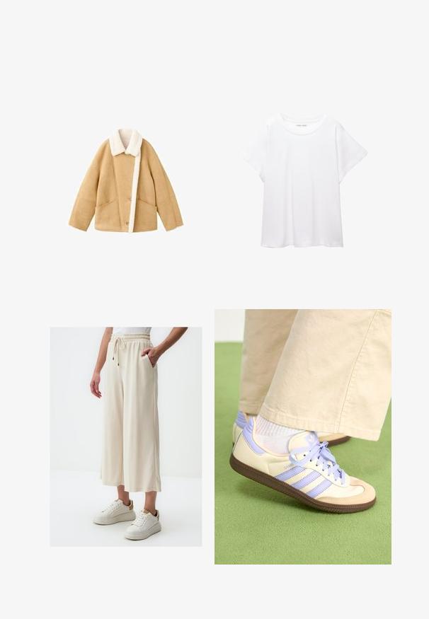 Tan schapenvachtjack met een witte fleece kraag, twee grote voorzakken en een knoopsluiting. Zachte textuur met een ontspannen pasvorm ontwerp.; Witte T-shirt van zacht, lichtgewicht stof. Heeft een ronde halslijn en korte, brede mouwen met een ontspannen pasvorm. Geen zichtbare patronen.; Crème wijde broek met een elastische tailleband en trekkoorddetail. Voorzien van zijzakken en een zachte, gladde textuur. Gecombineerd met witte sneakers.; Crème- en lavendel-sneakers met drie strepen en een gestructureerde bruine zool, voorzien van veters en een gewatteerde hiel. Zachte stoffen bovenkant.