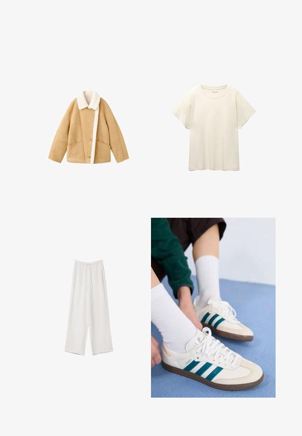 Beżowa kurtka z owczej wełny z białym kołnierzem zfutra, dwiema dużymi kieszeniami z przodu i zapięciem na guziki. Miękka tekstura i luźny krój.; Jasno beżowa, krótko rękawowa koszulka z okrągłym dekoltem, wykonana z miękkiego, gładkiego materiału. Posiada luźny krój i prosty dół.; Białe spodnie o szerokich nogawkach wykonane z lekkiego materiału. Posiadają elastyczny pas z sznurkiem i boczne kieszenie. Gładka tekstura.; Białe buty sportowe z turkusowymi paskami, teksturowana cholewka i brązowe gumowe podeszwy. W połączeniu z białymi skarpetkami z prążkami.