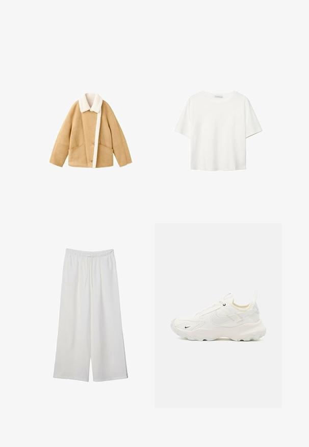 Tannfärgad shearlingjacka med en vit fleecekrage, två stora framfickor och knäppning. Mjuk textur med en avslappnad passform.; Vit t-shirt med kort ärm i bomull. Har en rundad halsringning och en avslappnad passform. Slät textur utan synliga mönster eller detaljer.; Vita vida byxor i lätt tyg med elastisk midja och dragsko för justerbar passform. Mjuk textur.; Vita idrottssko med ett texturerat mesh-överdrag, rund tå, framträdande sula och en liten svart swoosh-logotyp. Ljusa beige accenter och snören.