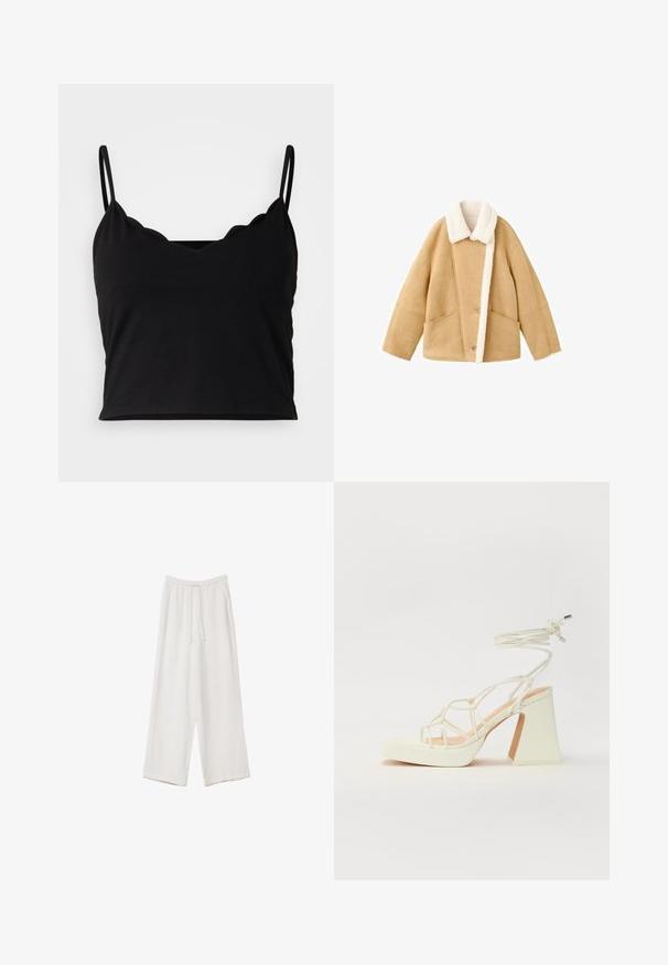 Peščena jakna iz ovčje kože s sivim krznom, dvema velikima sprednjima žepoma in gumbom za zapiranje. Mehka tekstura z sproščenim krojem.; Even&Odd Top - black; Bele široke hlače iz lahkega materiala. Imajo elastičen pas s vrvico in stranske žepe. Gladka tekstura.; Bela sandala na visokih petah s debelim petam, ki ima obliko trakcev in vezanje okoli gležnja. Gladka tekstura z platformo spredaj za dodatno višino.