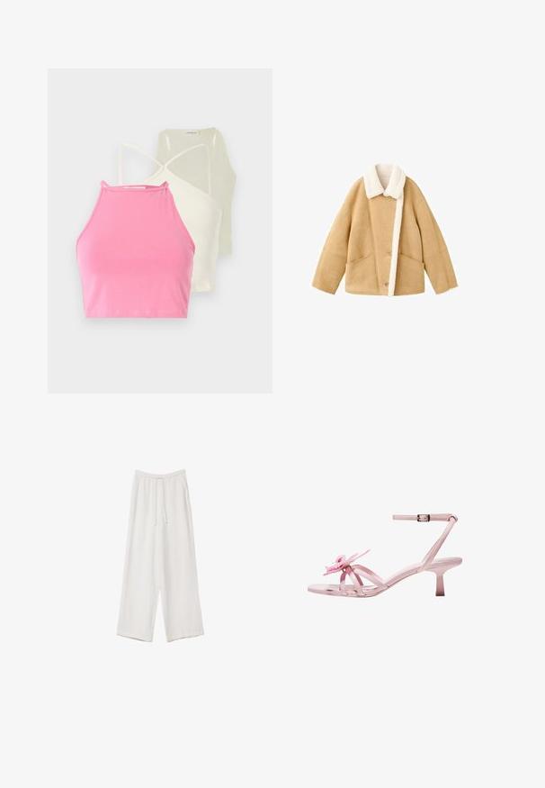Giacca shearling color tannato con colletto in pile bianco, due grandi tasche frontali e chiusura a bottoni. Morbido al tatto con un design dalla vestibilità rilassata.; Tre top crop a halterneck in rosa, crema e giallo soft. Tutti presentano un design aderente con spalline sottili e una morbida texture in cotone.; Pantaloni a gamba larga bianchi realizzati in un tessuto leggero. Presentano una vita elastica con cordoncino e tasche laterali. Texture liscia.; Sandali con tacco in vernice rosa con un accento floreale sulla punta, dotati di cinturino alla caviglia regolabile e tacco sottile e corto.