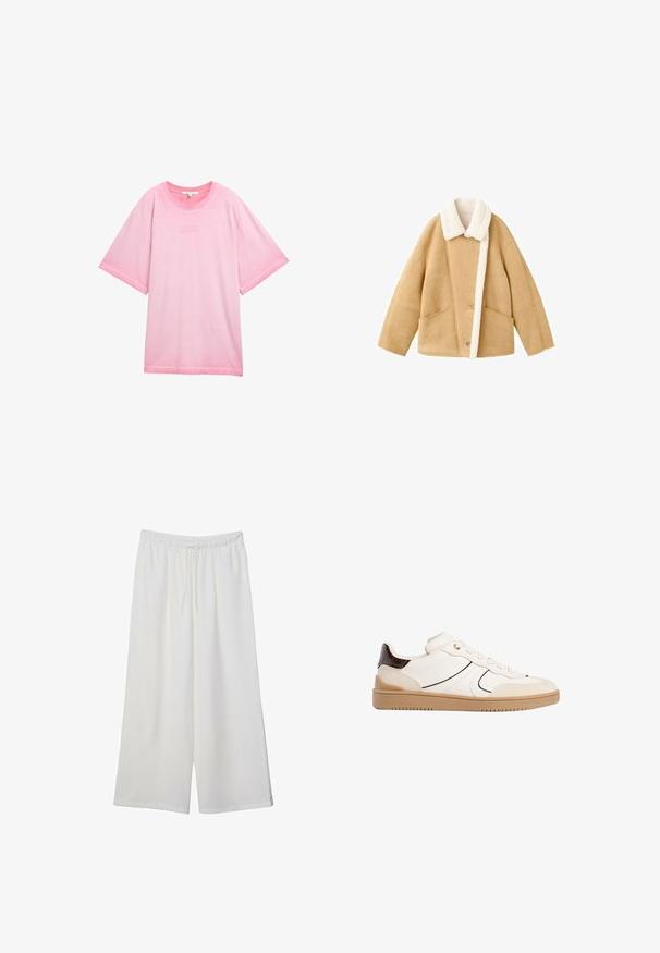 Svetlá ovčia bunda s bielym flísovým golierom, dvoma veľkými prednými vreckami a gombíkovým zapínaním. Mäkká textura s voľným strihom.; Ružový oversize tričko vyrobené z jemnej bavlny. Má okrúhly výstrih a krátke rukávy s textom "DOBRÉ VECI RASTÚ" vytlačeným na prednej strane.; Biele široké nohavice z ľahkého materiálu s elastickým pásom a šnúrkou na nastavenie veľkosti. Hladká textúra.; Stradivarius Tenisky - white