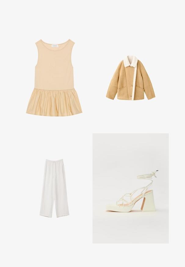 Peščena jakna iz ovčje kože s sivim krznom, dvema velikima sprednjima žepoma in gumbom za zapiranje. Mehka tekstura z sproščenim krojem.; Top brez rokavov z prilegajočim zgornjim delom iz rebraste tkanine v svetli bež barvi ter razširjeno, sijočo, nabrano krilo v usklajeni odtenku.; Bele široke hlače iz lahkega materiala. Imajo elastičen pas s vrvico in stranske žepe. Gladka tekstura.; Bela sandala na visokih petah s debelim petam, ki ima obliko trakcev in vezanje okoli gležnja. Gladka tekstura z platformo spredaj za dodatno višino.