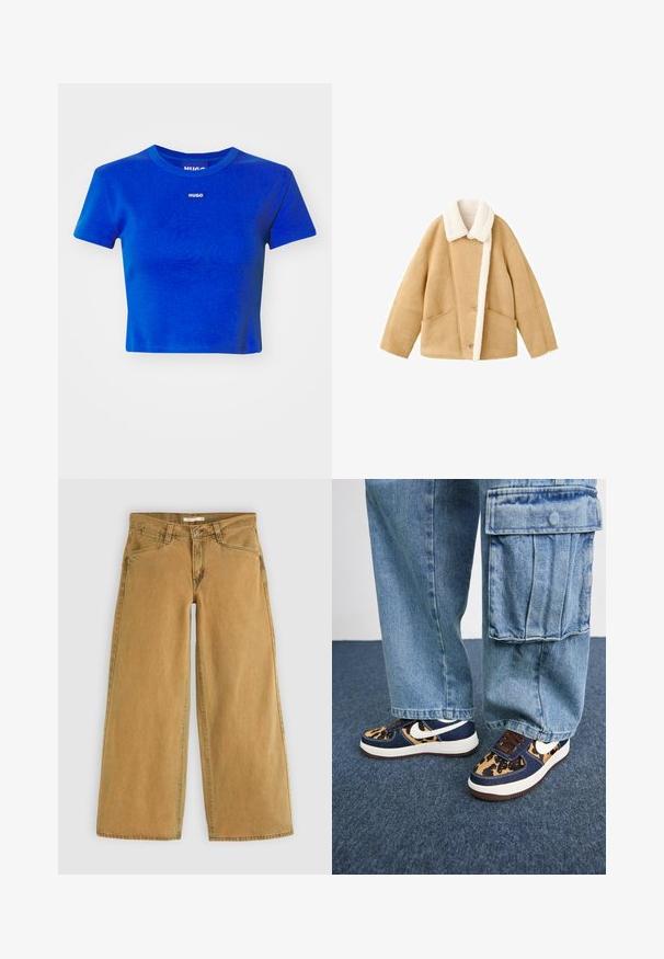 Beżowa kurtka z owczej wełny z białym kołnierzem zfutra, dwiema dużymi kieszeniami z przodu i zapięciem na guziki. Miękka tekstura i luźny krój.; Niebieski skrócony t-shirt wykonany z prążkowanej bawełny. Posiada okrągły dekolt i małą białą metkę z logo na piersi. Krótkie rękawy.; Szerokie brązowe spodnie dżinsowe z wysokim stanem, z zapięciem na guzik z przodu, pięcioma kieszeniami i lekko przetartym wykończeniem.; Granatowe sneakersy z akcentami w panterkę, białym logo Nike, brązowymi sznurówkami i białą podeszwą. W połączeniu z jasnymi dżinsowymi spodniami cargo.