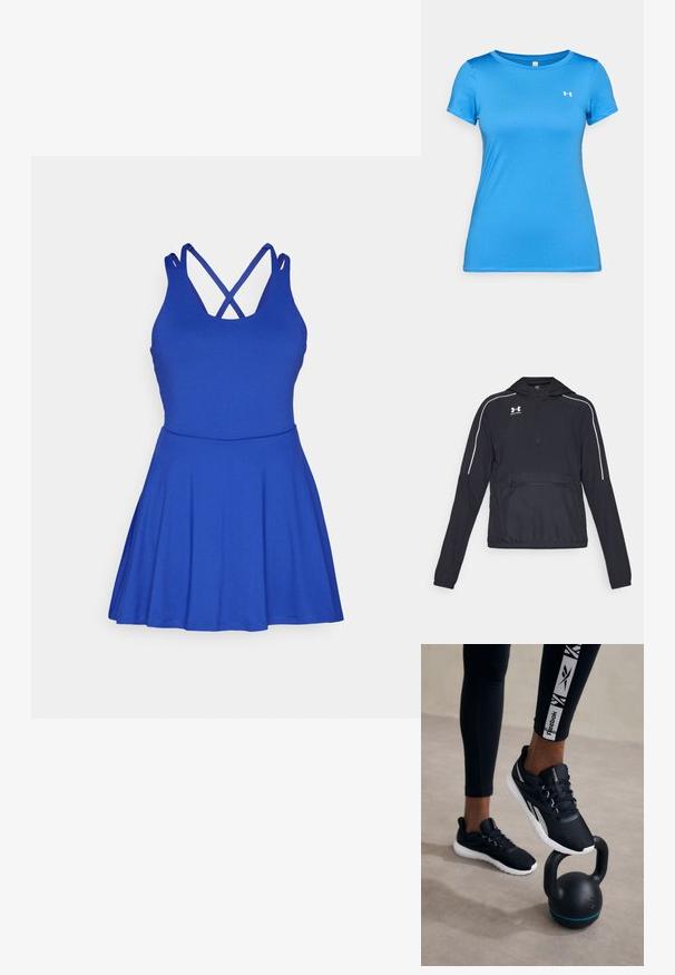 Fekete kapucnis pulóverdzseki, félcipzárral elöl, elasztikus mandzsettákkal és derékpánttal. Fehér díszcsíkokkal és egy elülső cipzáras zsebbel rendelkezik.; Kék korcsolyás ruha, fitted boddíval és bő szoknyával. Keresztbatolt pántokkal és sima textúrával rendelkezik. Nincsenek minták vagy díszítések.; Kék, rövid ujjú sportpóló, kerek nyakkivágással és a felső mellkason egy kis fehér Under Armour logóval.; Fekete sportcipők, textúrával ellátott felsőrésszel, fehér talppal és szürke akcentusokkal, egy fekete kettlebellre helyezve, kék csíkkal, semleges háttér előtt.