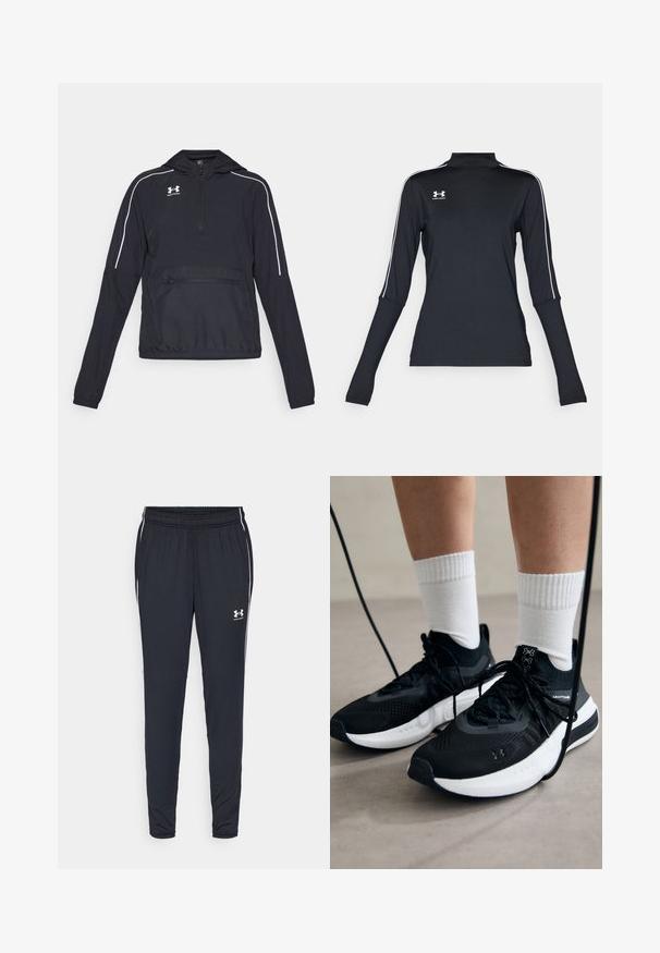 Černá mikina s kapucí, s polo zipem na přední straně, elastickými manžetami a pasem. Obsahuje bílé akcentačkové linie a přední kapsu na zip.; Černý dlouhý rukáv sportovní top s vysokým límcem, s bílými bočními pruhy a malým logem na levém horním prsu. Měkká, elastická tkanina.; Černé sportovní kalhoty z lehké tkaniny, s tapered designem, elastickým pasem a bílými bočními pruhy s logem.; Černé sportovní boty s texturovanou tkaninou, bílou podrážkou a černými tkaničkami. Nosené s bílými žebrovanými ponožkami, stojící na světlém povrchu.